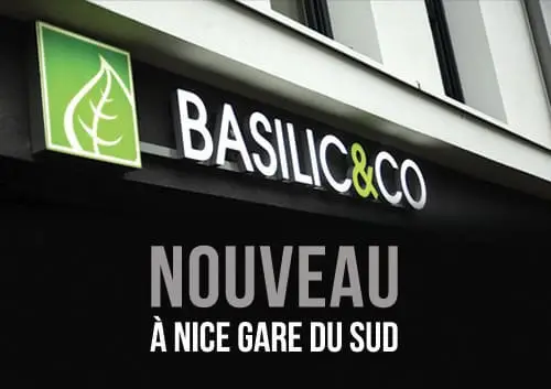 Photo de l'enseigne Basilic & Co avec l'inscription "nouveau à Nice Gare du Sud"