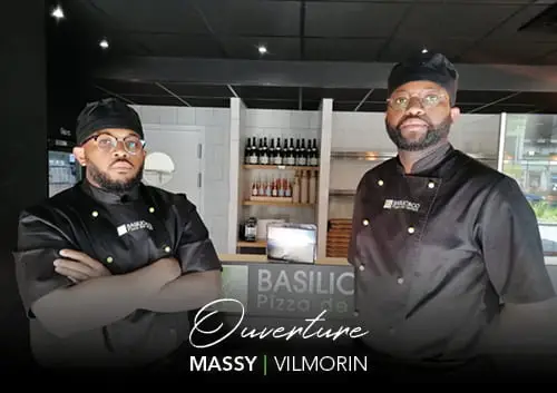 Les deux franchisés devant la façade de Basilic & Co, nouveau restaurant à Massy (Vilmorin)