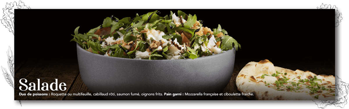 Salade "Duo de Poissons" des pizzerias Basilic & Co, dans un bol en terre cuite gris.